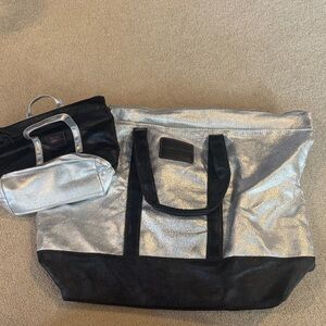 Victoria's Secret Silver and Black Metallic Tote with Matching Pouch